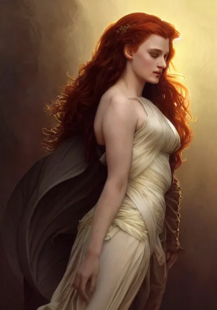 Image similar to sansa angeline jolie gessica chastain, intricate, elegant, highly detailed, digital painting, artstation, concept art, smooth, sharp focus, illustration, art by artgerm and greg rutkowski and alphonse mucha and william - adolphe bouguereau