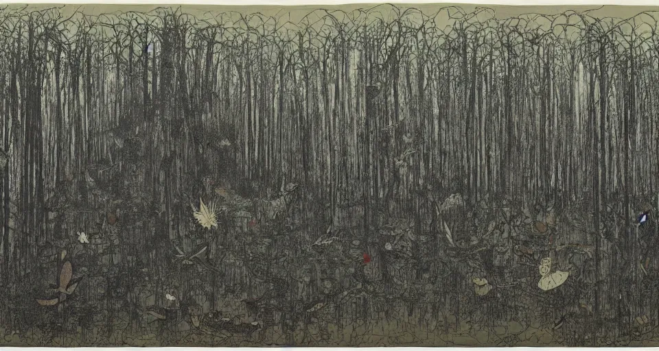 Prompt: A dense and dark enchanted forest with a swamp, by Zeng Fanzhi