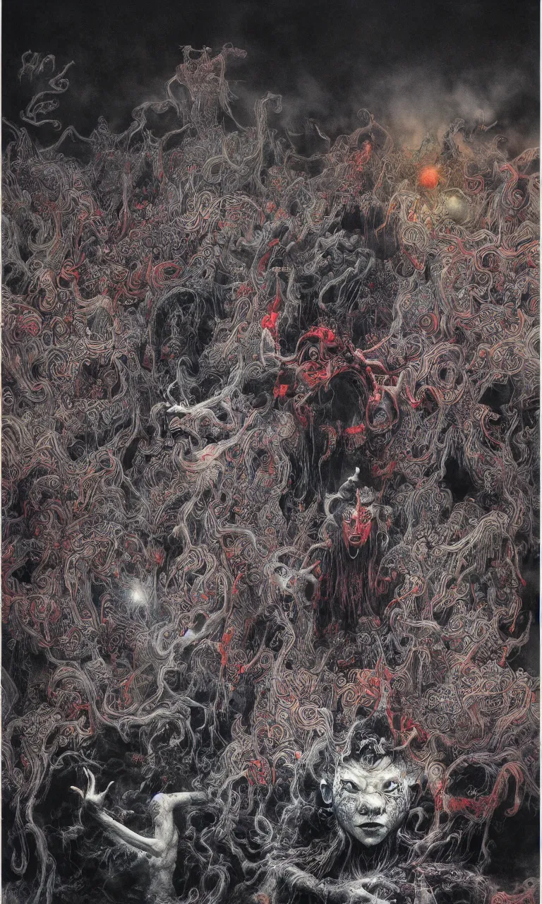 Image similar to zhongyuan festival, chinese ghost festival, king of hell, inside page of comic book, psychedelic lights and fog, in the style of zdzislaw beksinski, ayami kojima, takato yamamoto, barclay shaw, karol bak, glowing light and shadow, hyperrealist