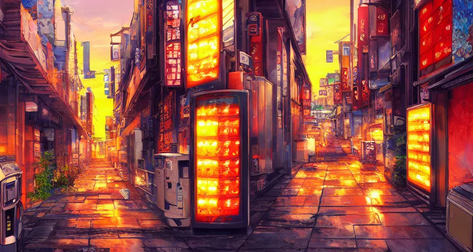 Prompt: beautiful anime painting of tokyo alleyway with vending machine, relaxing autumn day, sunset. trending on Artstation, 8k, masterpiece, sharp, fine detail, full of color, visually stunning, majestic