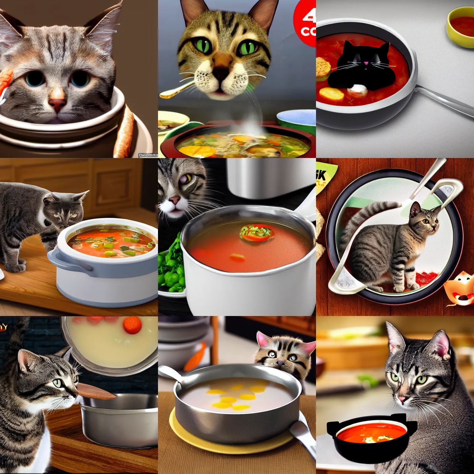 Prompt: the cat cooks soup, ultra realistic, 4k