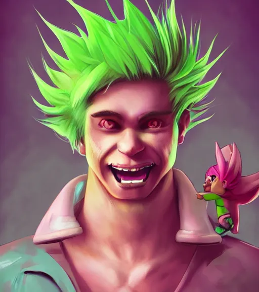 Prompt: portrait of'tomba!'with male with pink hair and green pants, attacking pig by ross tran, artgerm and wlop