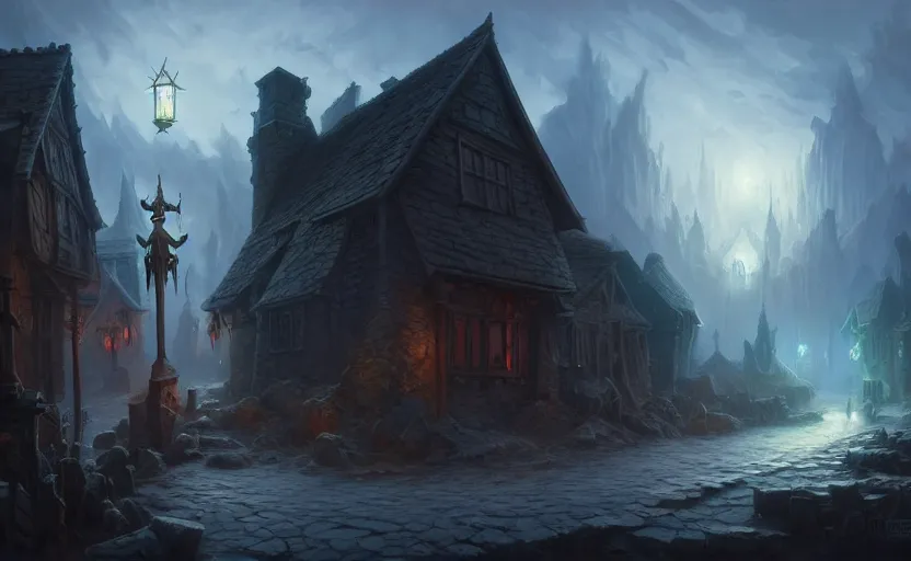 Image similar to extreme long shot concept art depicted an old english mystic town, dramatic mood, overcast mood, dark fantasy environment, art by legends of runeterra and league of legends and arcane, art by tony sart, art by thornton oakley, art by darek zabrocki, trending on artstation, unreal engine