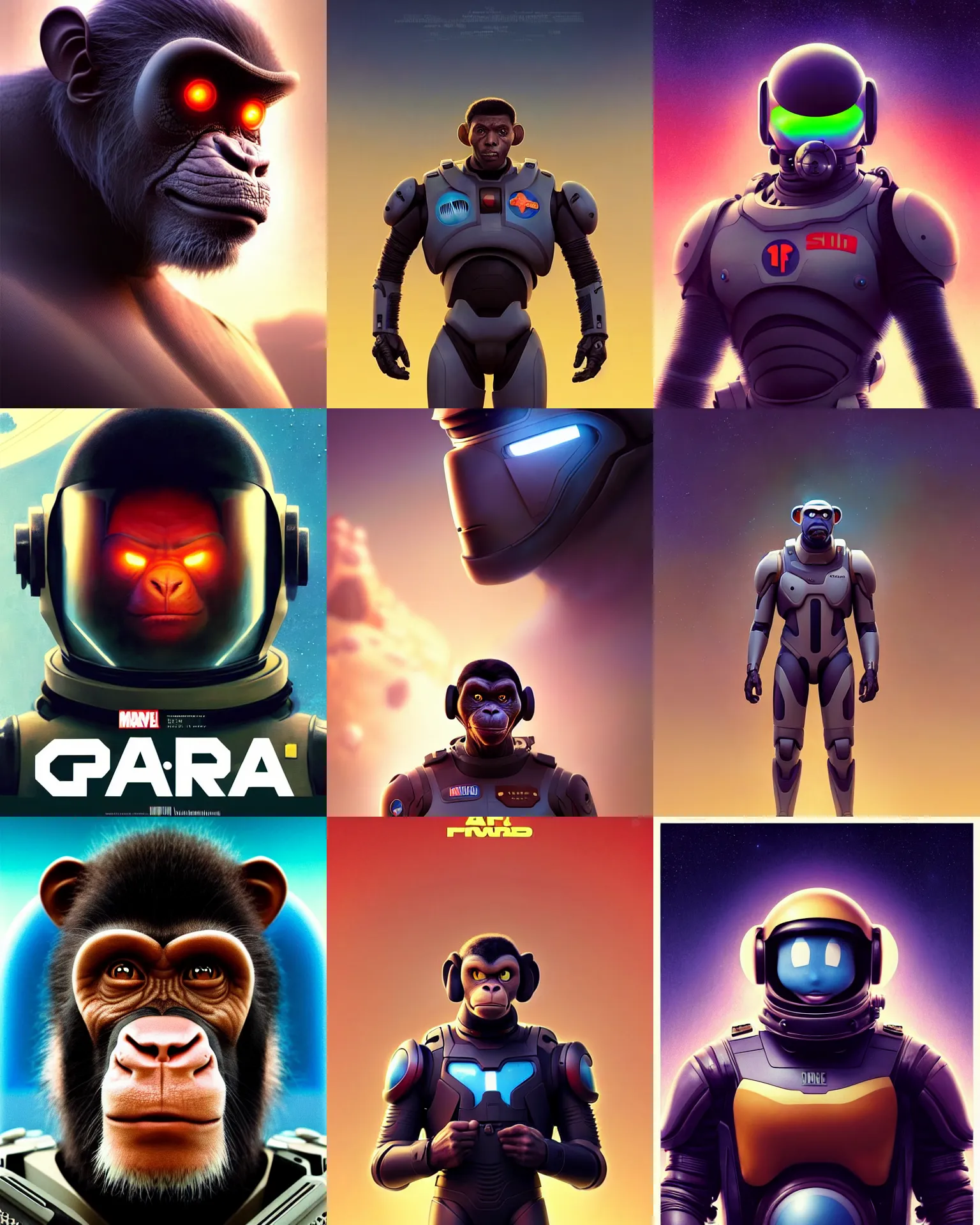 Prompt: sci - fi pixar anime movie poster portrait photo of a tough handsome young chimp in a far - future spacesuit by weta, marvel : : by greg rutkowski, wlop, ilya kuvshinov, rossdraws, artgerm, rave makeup, unreal engine, heavy brow, pearlescent, morning, artstation, gq cover : :