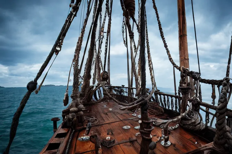Prompt: closeup product shot kraken rum on an old pirate ship, by emmanuel lubezki