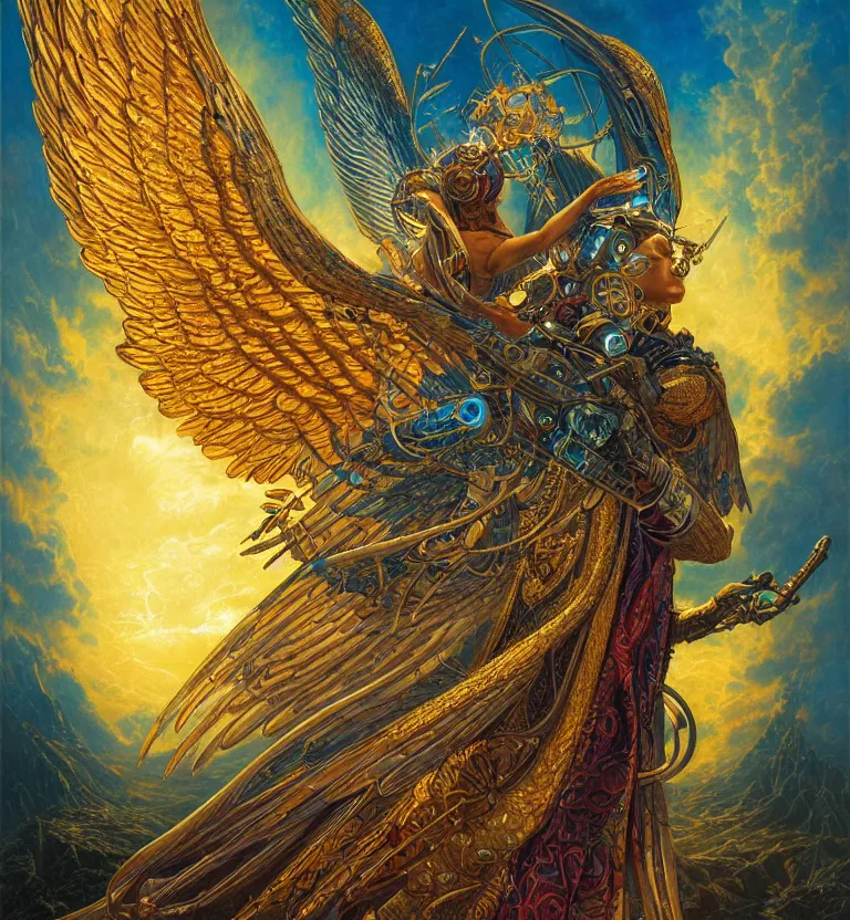 Image similar to a beautiful tarot card artwork of a cyberpunk seraphim in nature, backlit, highly detailed, golden hour, digital painting, by karol bak and justin gerard and dan mumford and artgerm, vivid colors, masterpiece, detailed shading, 8 k resolution, intricate, smooth