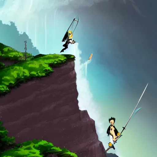 Image similar to man with sword jump of the cliff in front of the waterfall, dragons flying around, anime, cartoon, superhero, naruto