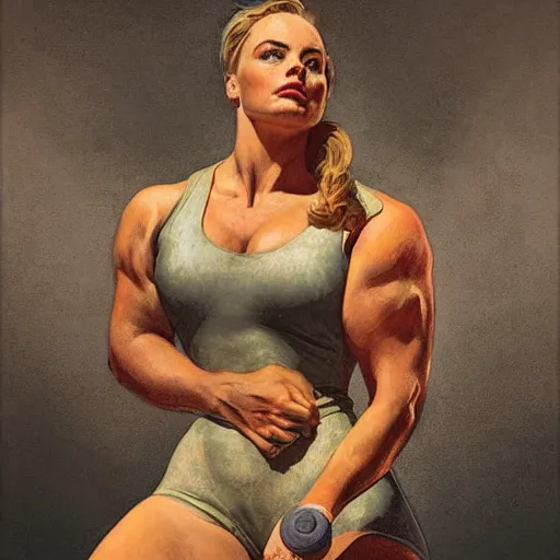 Image similar to socialist realism propaganda poster of margot robbie as beautiful female weightlifter, portrait, profile picture, socialist realism, highly detailed, intricate, digital painting, artstation, sharp focus, illustration, art by jakub rozalski, greg rutkowski, artgerm, tan zi and ayanamikodon and alphonse mucha and wlop