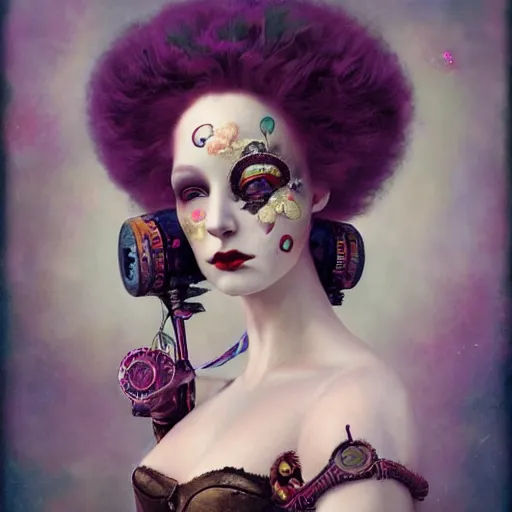 Prompt: photorealistic soft paint of a curiosities carnival, single young beautiful masqued dollpunk in a full steampunk corset, symmetry accurate features, ominous depths, elegance, focus, rainbow lighting, very high details, award winning masterpiece, behance, by tom bagshaw