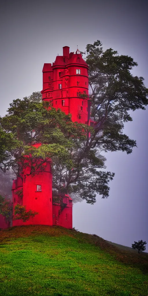 Prompt: A red castle sits atop of massive hill, ambient, foggy, god rays, 4k