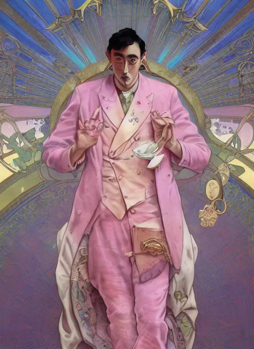 Image similar to Filthy Frank in a Celestial royal pink suit, luxurious theme, meme, funny, sigma male, accurately portrayed, portrait art by alphonse mucha and greg rutkowski, highly detailed, digital painting, concept art, illustration, dim lighting with twilight rays of sunlight, trending on artstation, very detailed, smooth, sharp focus, octane render, close up