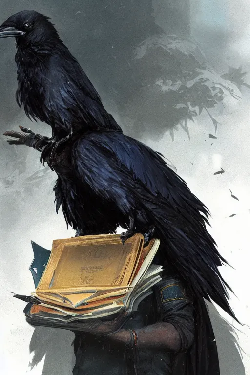 Image similar to highly detailed anime visual key of a raven wearing bachelor hat that is holding a academic thesis, 4 k, unreal engine, fantasy art by greg rutkowski, detailed and intricate environment pixiv, professional digital art