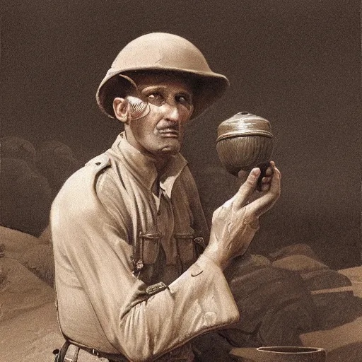 Prompt: a detailed photorealistic sepia - toned color portrait painting of a 1 9 1 7 worried clean - shaven british lieutenant in detailed field gear wearing a finely - detailed pith helmet in wadi rum examining an ancient cylindrical clay jar, ultra realistic, intricate details, atmospheric, dark, horror, brooding, highly detailed, by clyde caldwell