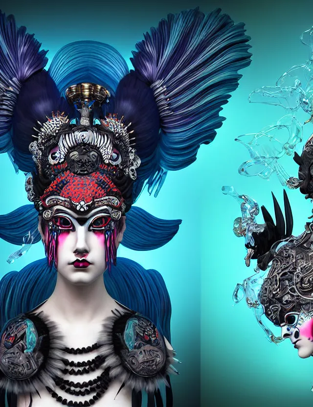 Image similar to 3 d photo realistic goddess close - up profile portrait punk with mohawk with ram skull. beautiful intricately detailed japanese crow kitsune mask and clasical japanese kimono. betta fish, jellyfish phoenix, bio luminescent, plasma, ice, water, wind, creature, artwork by tooth wu and wlop and beeple and greg rutkowski