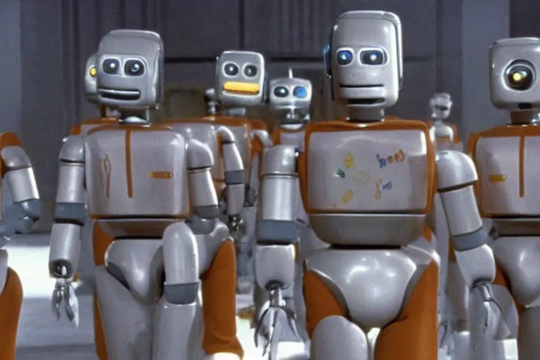 Image similar to a movie still from the 1978 Sci-fi movie The Robots Are Alive featuring Bender from Futurama