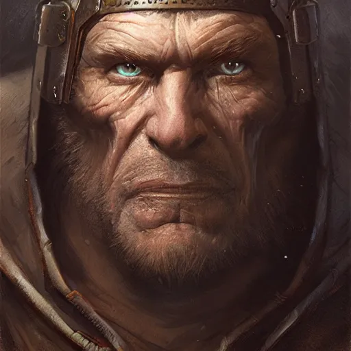 Image similar to a detailed portrait of an slightly old person with glowing eyes dressed with a dark leather armor, by justin gerard and greg rutkowski, digital art, realistic painting, character design, trending on artstation