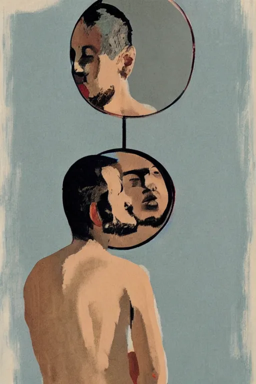 Image similar to man looking into a mirror, 1960’s minimalist advertising illustration, painterly, expressive brush strokes