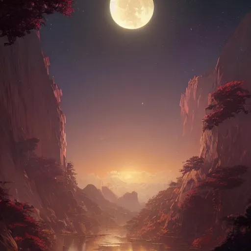 Image similar to highly detailed painting of the moon, unreal engine, fantasy art by greg rutkowski, loish, rhads, ferdinand knab, makoto shinkai and lois van baarle, ilya kuvshinov, rossdraws, tom bagshaw, alphonse mucha, global illumination, radiant light, detailed and intricate environment