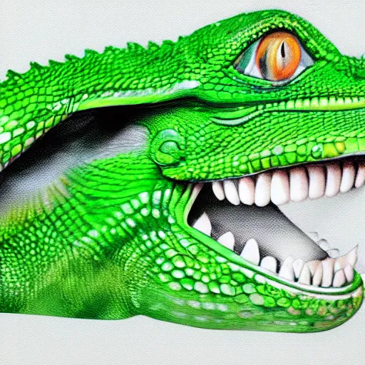 Image similar to zoey deschanel as a smiling laughing bright green lizard person, airbrush painting, hyper detailed, 8 k, photorealism, rule of thirds,.