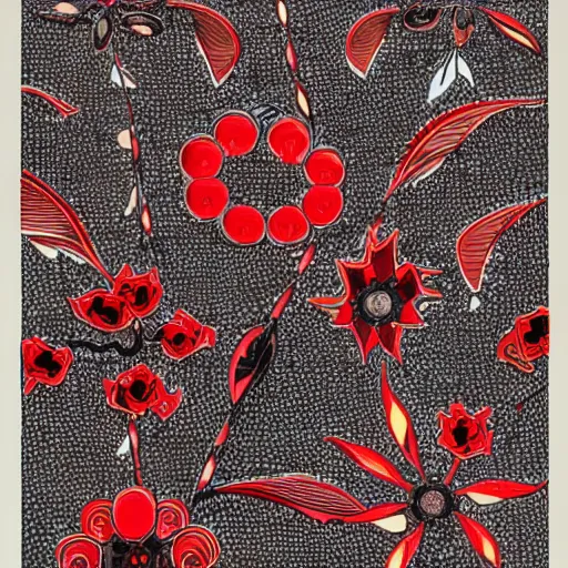 Image similar to detailed and dense concept art deco pattern of black and red blend of flowers and diamonds, bizarre compositions, exquisite detail