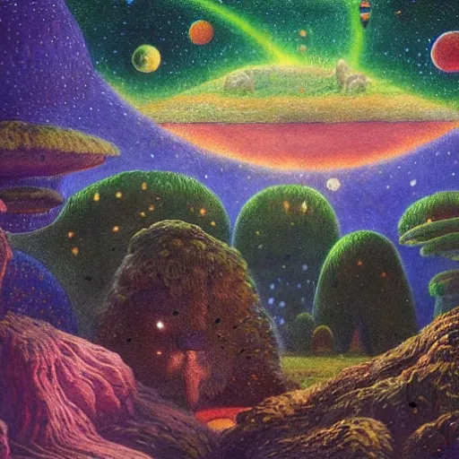 Image similar to psychedelic small cats hidden lush pine forest, outer space, milky way, designed by arnold bocklin, jules bastien - lepage, tarsila do amaral, wayne barlowe and gustave baumann, cheval michael, trending on artstation, star, sharp focus, colorful refracted sparkles and lines, soft light, 8 k 4 k