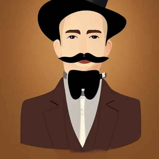 Prompt: Portrait of a man with brown hair and a brown mustache in black suit and black top hat, studio lighting, Sigma 85 mm f/1.4., digital painting, vector art, trending on artstation, sharp shadows