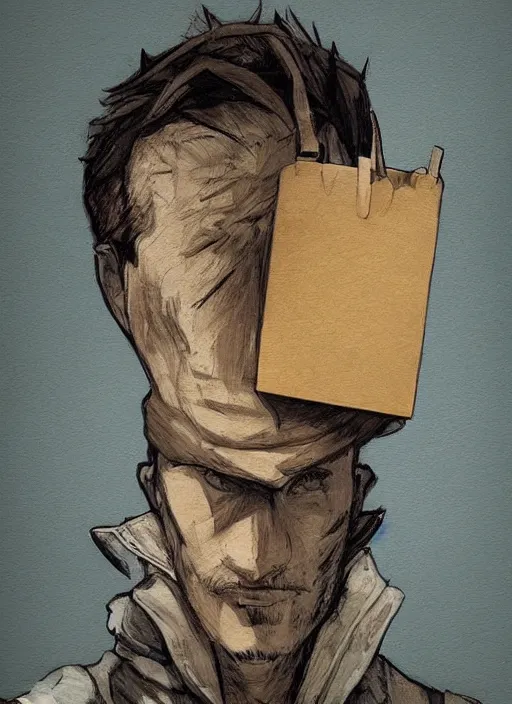 Image similar to a portrait of man with paperbag! on head, an ultrafine detailed painting, detailed painting, boris valejo. octopath traveler