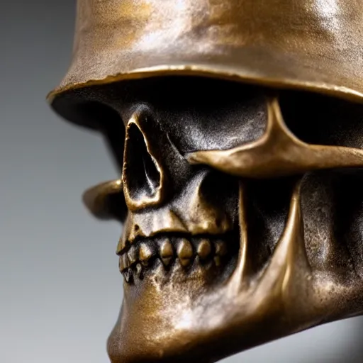 Prompt: close up shot of an old bronze patina statue of a skull with a samurai hat