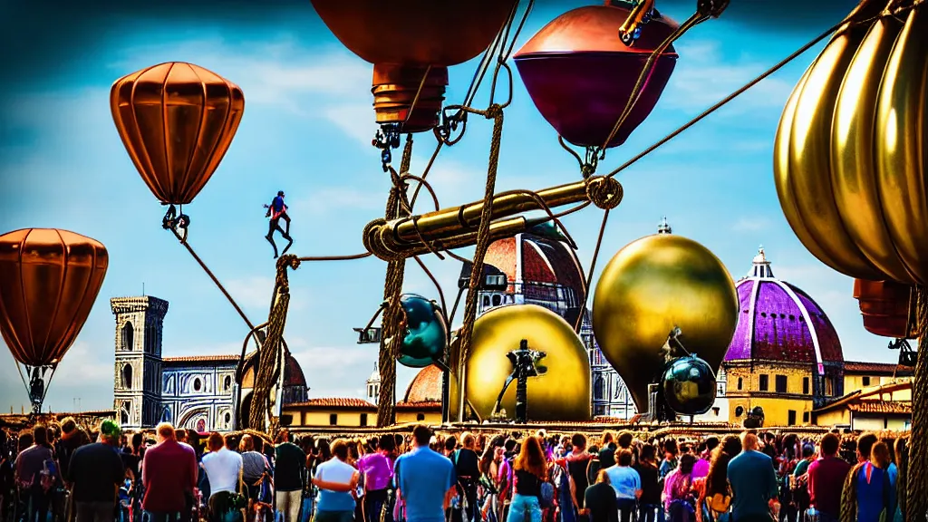 Prompt: large colorful futuristic space age metallic steampunk steam - powered balloons with pipework and electrical wiring around the outside, and people on rope swings underneath, flying high over the beautiful medieval florence city landscape, professional photography, 8 0 mm telephoto lens, realistic, detailed, photorealistic, photojournalism