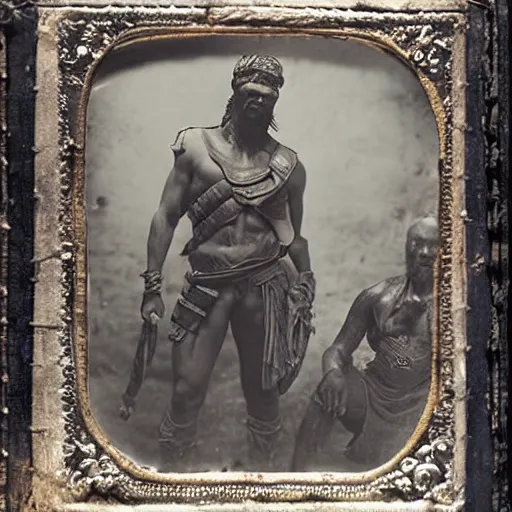 Image similar to spartan man and his helot slave, helot, ancient sparta, daguerreotype photograph, ancient photograph