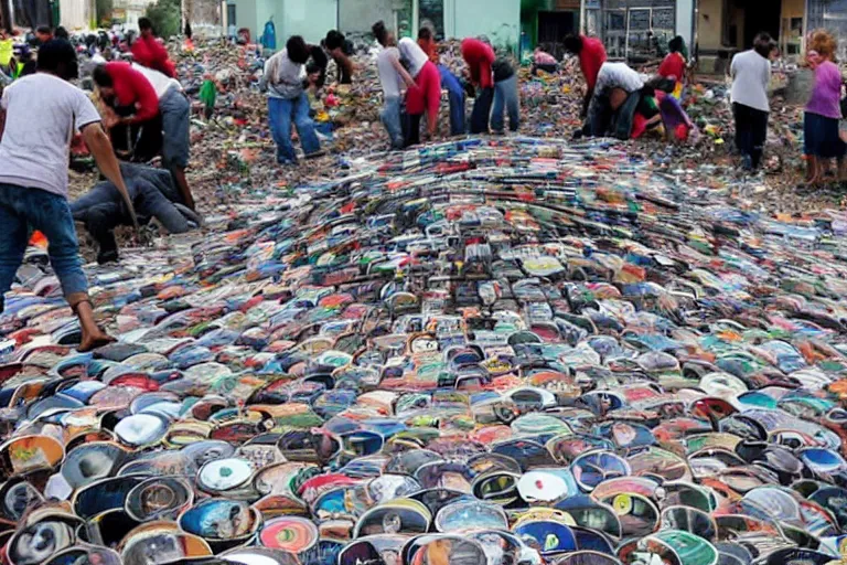 Image similar to sugondese people sorting a giant pile of compact discs