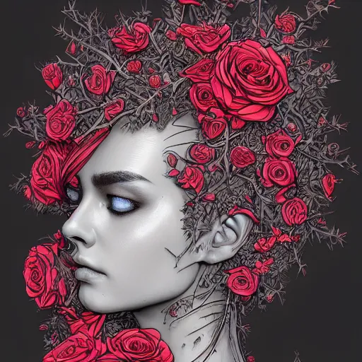 Prompt: the anatomy of a head of thorns with roses that resemble a beautiful woman, an ultrafine detailed illustration by james jean, intricate linework, bright colors, final fantasy, behance contest winner, vanitas, angular, altermodern, unreal engine 5 highly rendered, global illumination, radiant light, detailed and intricate environment