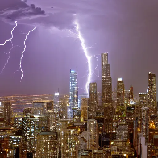 Image similar to lightning bolts reigning over the willis tower in chicago illinois, detailed, 8k