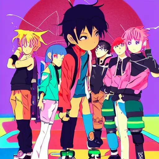 Image similar to gang of anime youths rollerblading, rollerskating, colorful clothes, 2 0 0 1 anime, flcl, jet set radio future, golden hour, japanese town, cel - shaded, strong shadows, vivid hues, y 2 k aesthetic