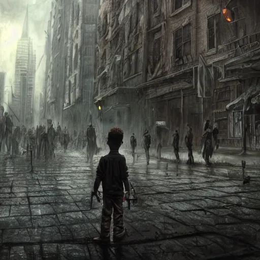 Image similar to a boy in apocalyptic zombie city, lovecraftian horror!, surrealism, fantasy, intricate, elegant, highly detailed, digital painting, realistic shading, cinematic composition, hdr, photorealistic, 3 5 mm film, concept art, artstation, matte, sharp focus, illustration, art by greg rutkowski and kadinski