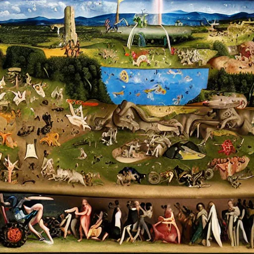 Image similar to all terrain vehicle race, in the style of the garden of earthly delights painting by jerome bosch