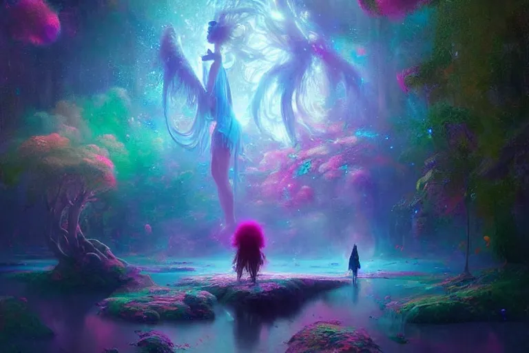 Image similar to a psychedelic realm hidden away in a pocket of ethereal understanding / astral beings sharing love greg rutkowski wlop lisa frank bob ross / ruan jia / illustration