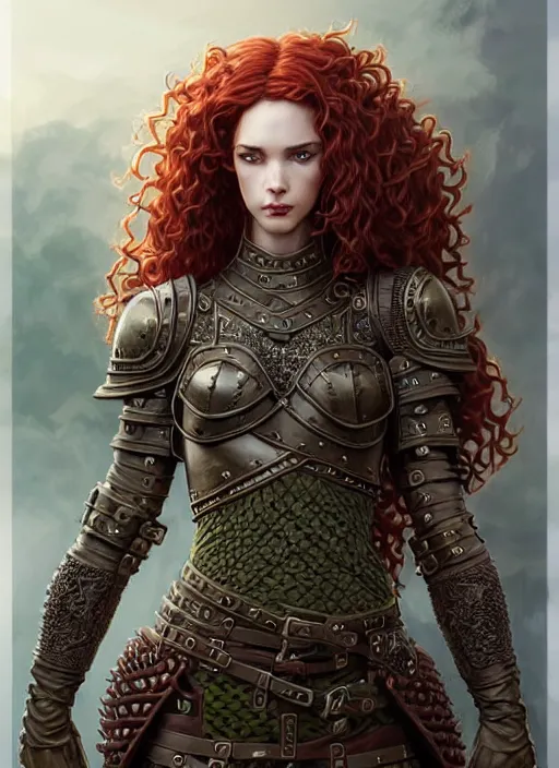 Prompt: ranger, leather armor!!! long curly red hair!! covered chest!!! green eyes, fantasy, d & d, intricate ornate details, digital painting, pretty face!!, symmetry, concept art, sharp focus, illustration, art by artgerm! greg rutkowski magali villeneuve wlop! ilya kuvshinov!!, octane render