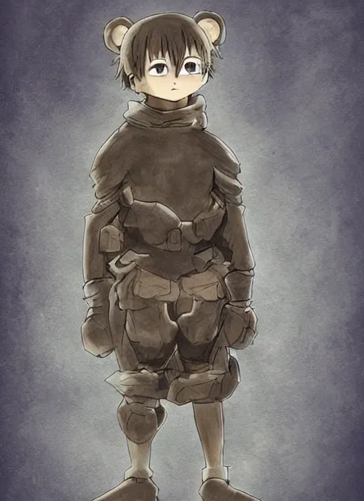 Image similar to beautiful little boy wearing an cyborg bear suit, artwork in kentaro miura and made in abyss and rosdraws, smooth, beautiful lightness, anatomically correct, trending on pixiv, forest