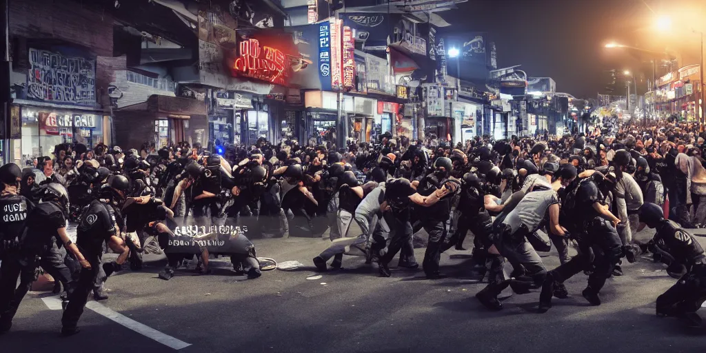 Image similar to crowd of crazy people attacking a crowd of cops in front of stores in lo angeles, photorealism, professional lighting, lighting from streetlights, photo with japanese chill style, conceptual art