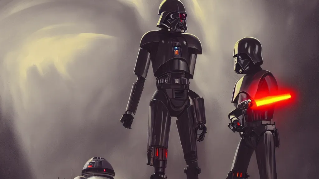 Image similar to A KX-Series security droid from star wars wearing a hooded cloak, he is wielding an orange lightsaber, dreamscape, dramatic lighting, fantasy art illustration, trending on artstation, Aetherpunk