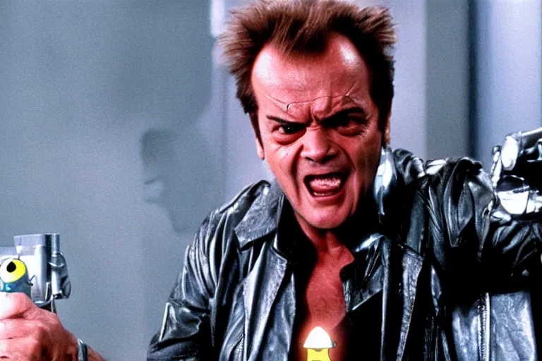 Image similar to Jack Nicholson plays Terminator Pikachu, scene where his inner exoskeleton is visible and his eye glows red