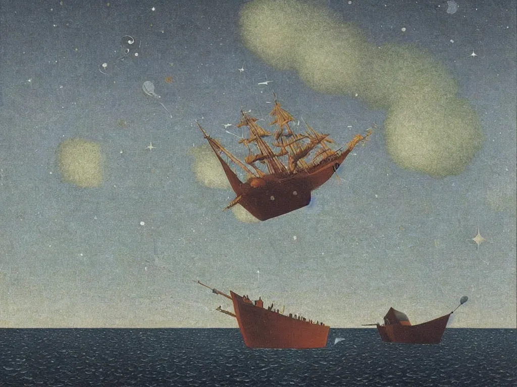 Prompt: wooden ship on the dark sea with meteor showers. painting by bosch, rene magritte