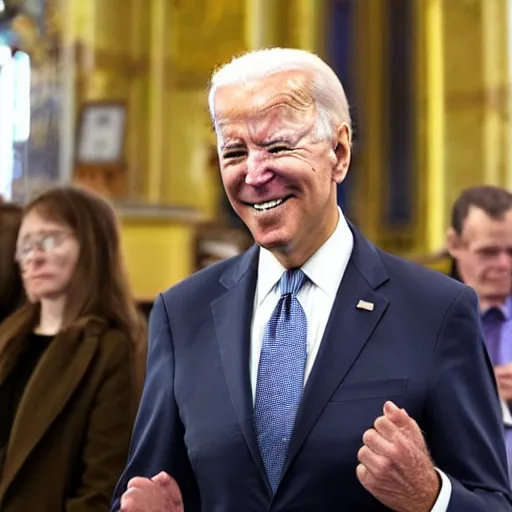 Image similar to smiling biden with closed eyes praying in a russian church