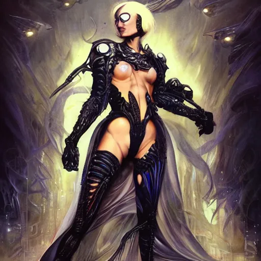 Image similar to a full body beautiful woman wearing a cyberpunk outfit by karol bak, ayami kojima, artgerm, sakimichan, hr giger, blue eyes, weapons, electronics, high tech, concept art, fantasy