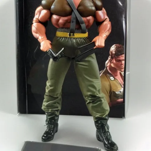 Image similar to a 12 inch action figure of Arnold Schwarzenegger from Commando. Big muscles. Holding an automatic rifle in his hands. Plastic shiny. Full body feet and head