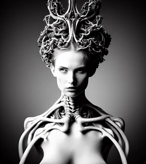 Image similar to dark background, a black and white high quality dreamy photo of a young beautiful female queen-vegetal-dragon-cyborg bust with a very long neck and delicate Mandelbrot fractal face, anatomical, facial muscles, veins, arteries, elegant, highly detailed, flesh highly baroque ornate, hair are curled wired cables, elegant, poetic, dreamy, mysterious, high fashion, rim light, in the style of Ellen von Unwerth, Realistic, Refined, Digital Art, Highly Detailed, Cinematic Lighting, rim light, black and white, photo-realistic, 8K