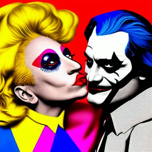 Image similar to richard hamilton and mimmo rottela as lady gaga harley queen and joaquin phoenix joker kissing, pop art, medium long shot, 2 color, justify content center, object details, dynamic composition, 4 k, ultra realistic art, smooth, sharp focus, illustration, concept art, intricate details, h 7 6 8