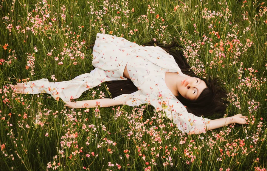 Image similar to a beautiful young Asian woman lying in a field of wildflowers, wearing a sun dress, portrait, dreamy, cinematic, depth of field, glow