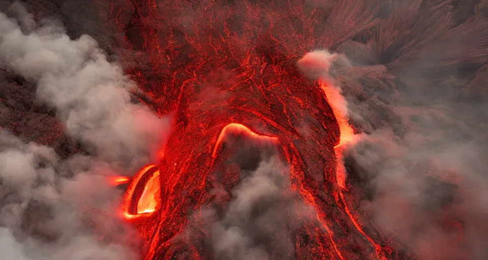 Image similar to a volcano made of ivory vines and crimson rocks enters in eruption, it spits a smoke in the shape of demonic eye, with Octane